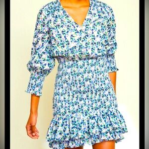 $498 VERONICA BEARD Darrah Smocked Floral Mini Dress 8 Cobalt Multi Blue‎ Cotton